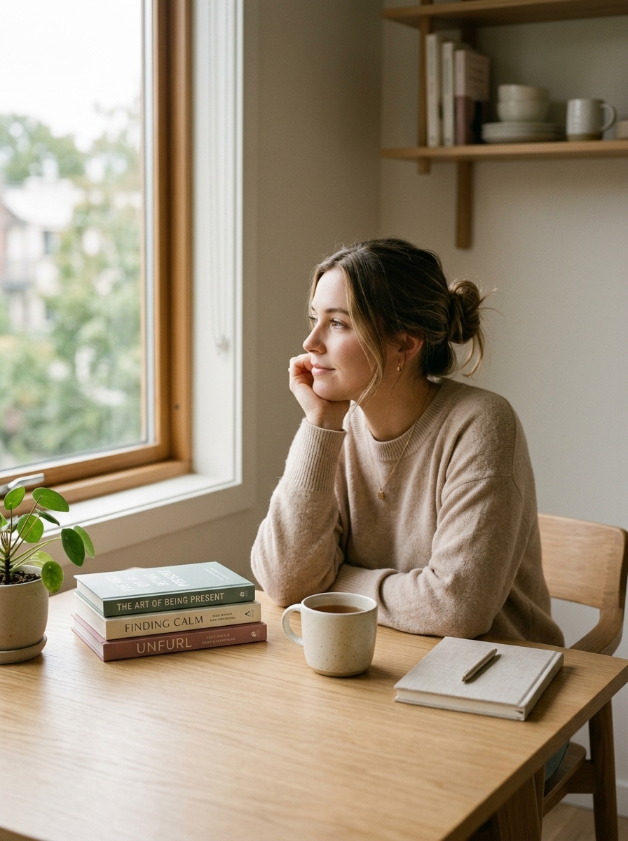 Morning at a wooden desk — tea, notebook, pen, quiet light
