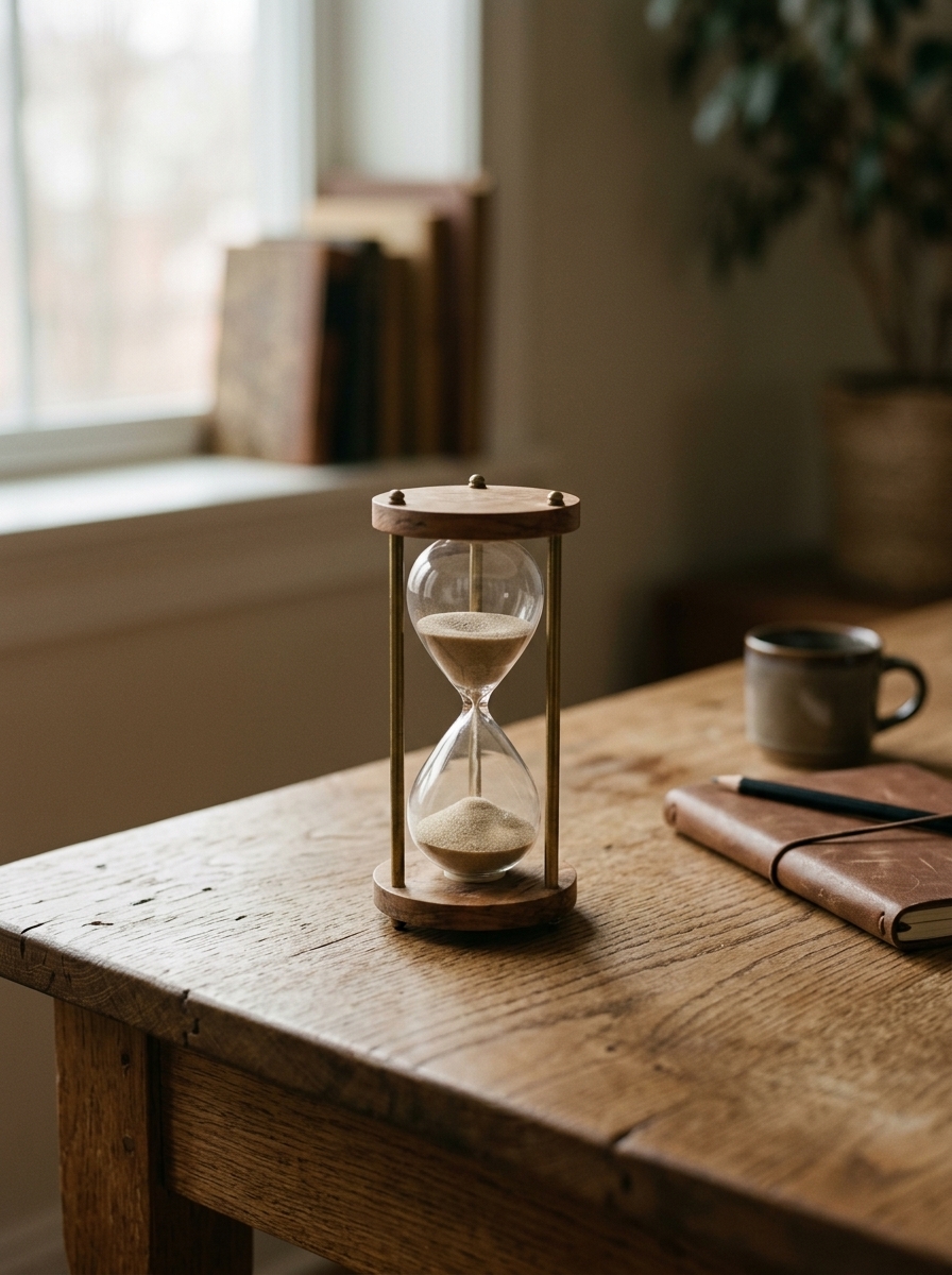 An hourglass beside a notebook on a desk — time measured in small steps