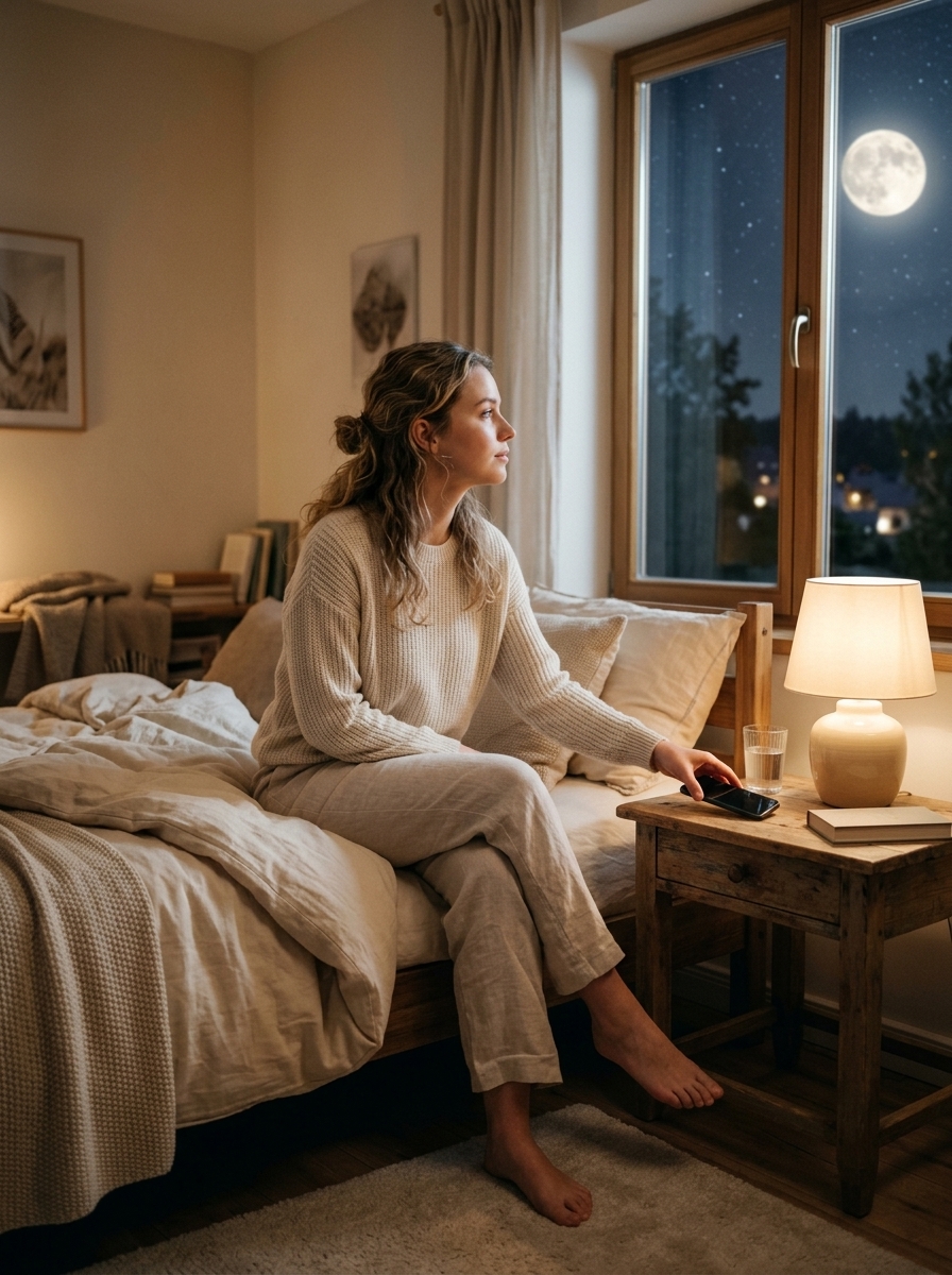 Night bedroom — someone reaching for her journal under the moon and stars