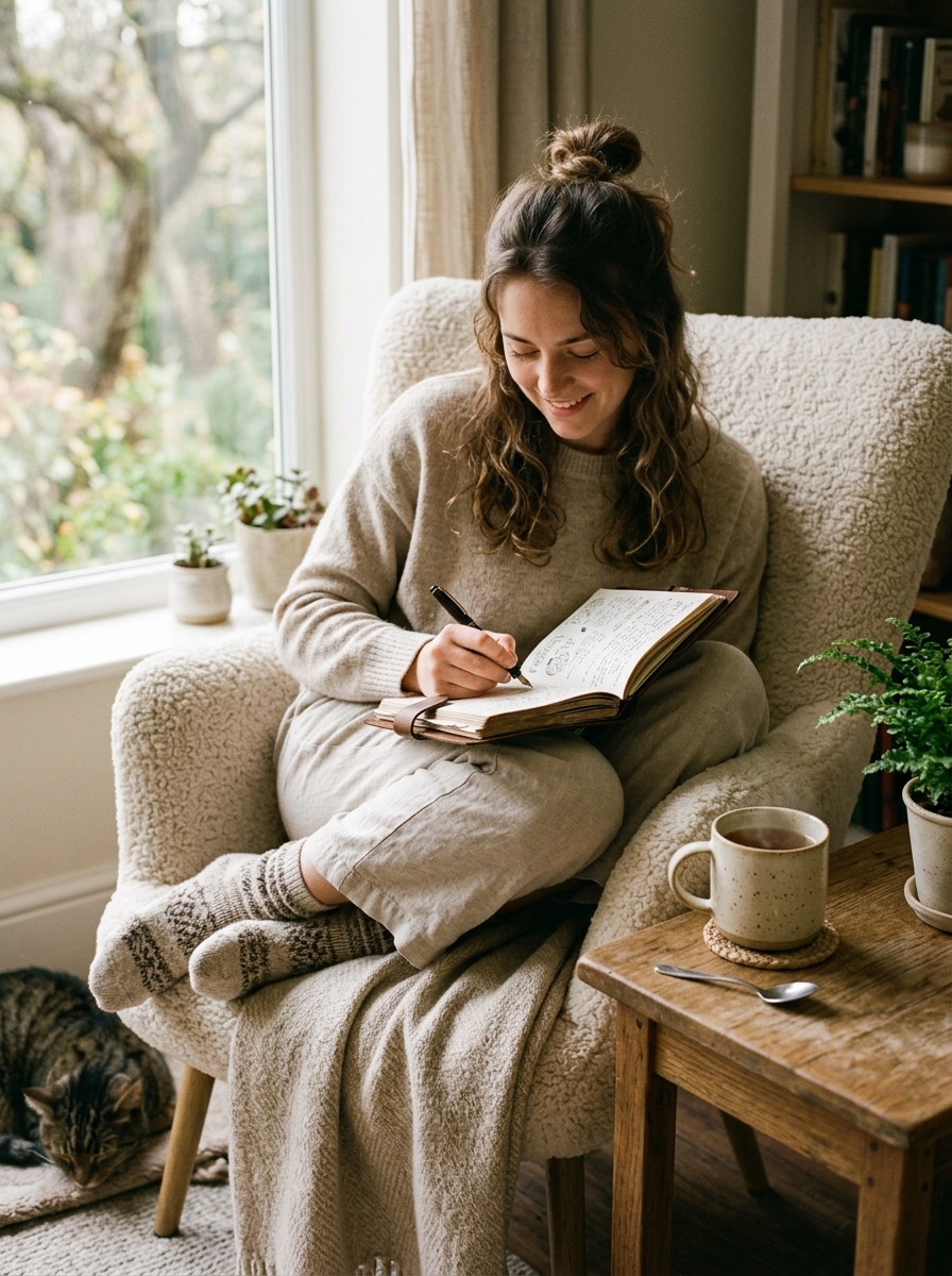 A relaxed afternoon — writing in a notebook from a soft armchair, cat nearby